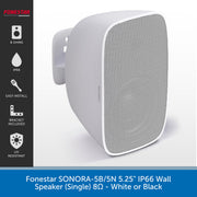 A white wall-mounted speaker shown on a light gray background with a black feature panel on the left and a blue text banner at the bottom. The product is branded FONESTAR.