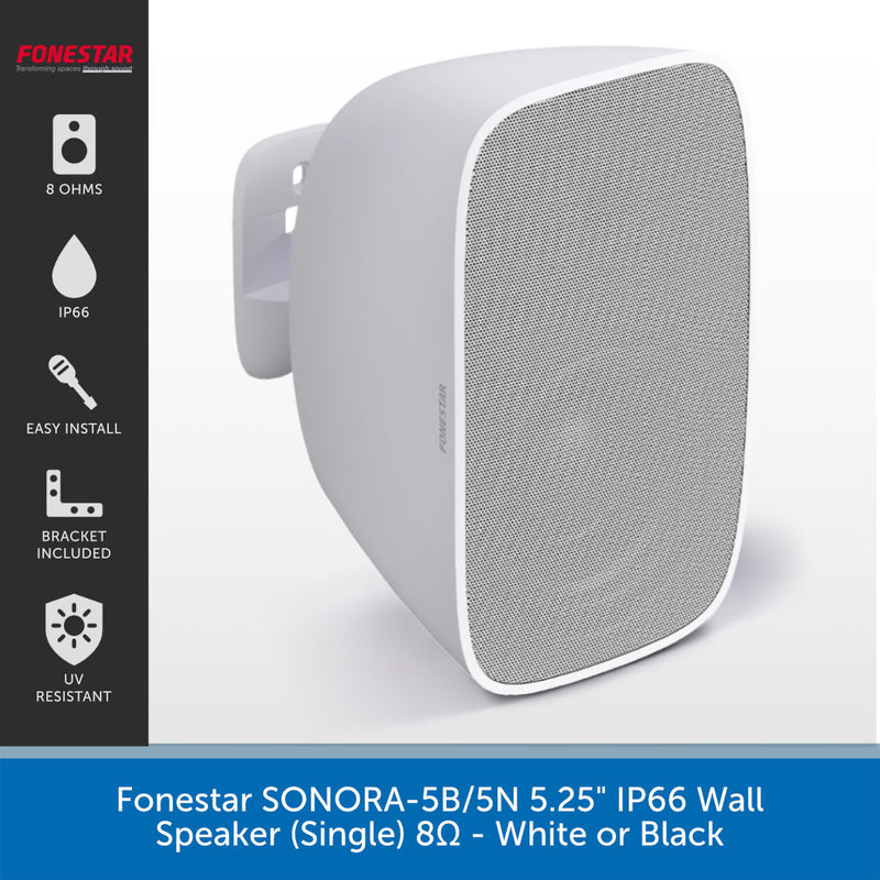 A white wall-mounted speaker shown on a light gray background with a black feature panel on the left and a blue text banner at the bottom. The product is branded FONESTAR.