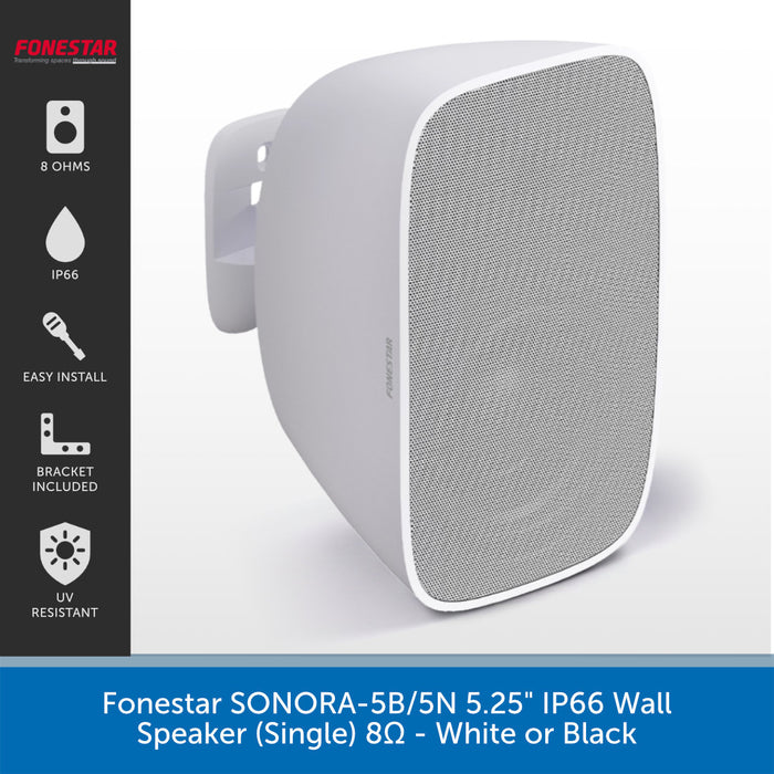 A white wall-mounted speaker shown on a light gray background with a black feature panel on the left and a blue text banner at the bottom. The product is branded FONESTAR.