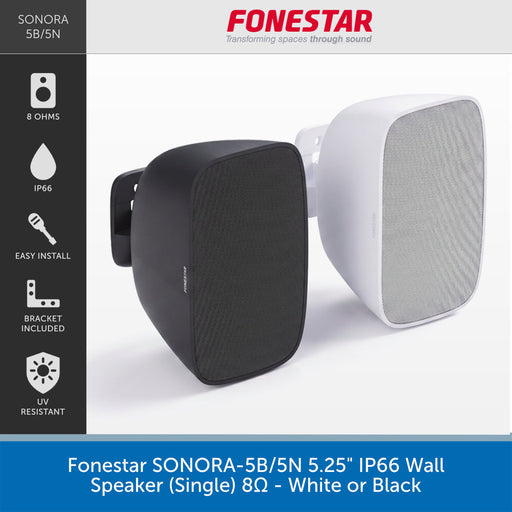 A promotional product graphic for a Fenestar SONORA 5B/5N wall speaker. The image shows two speaker units side by side, one black and one white, with feature callouts on the left and product text at the bottom.