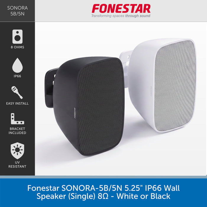 A promotional product graphic for a Fenestar SONORA 5B/5N wall speaker. The image shows two speaker units side by side, one black and one white, with feature callouts on the left and product text at the bottom.