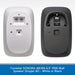 Two wall speaker back views shown side by side on a white background with a blue text banner at the bottom. The left speaker is white and the right is black, both showing the rear mounting and connection details.