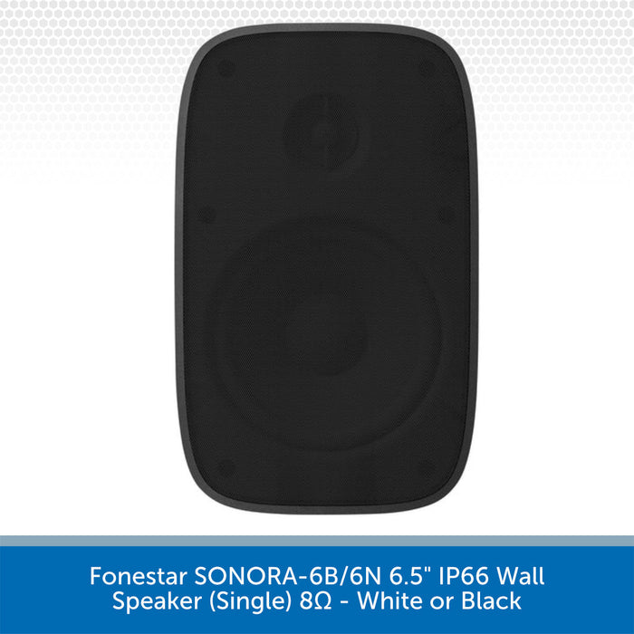 A black rectangular wall speaker with rounded corners, shown from the front on a white background with a blue text banner at the bottom reading 'Fonestar SONORA-6B/6N 6.5" IP66 Wall Speaker (Single) 8Ω - White or Black'.
