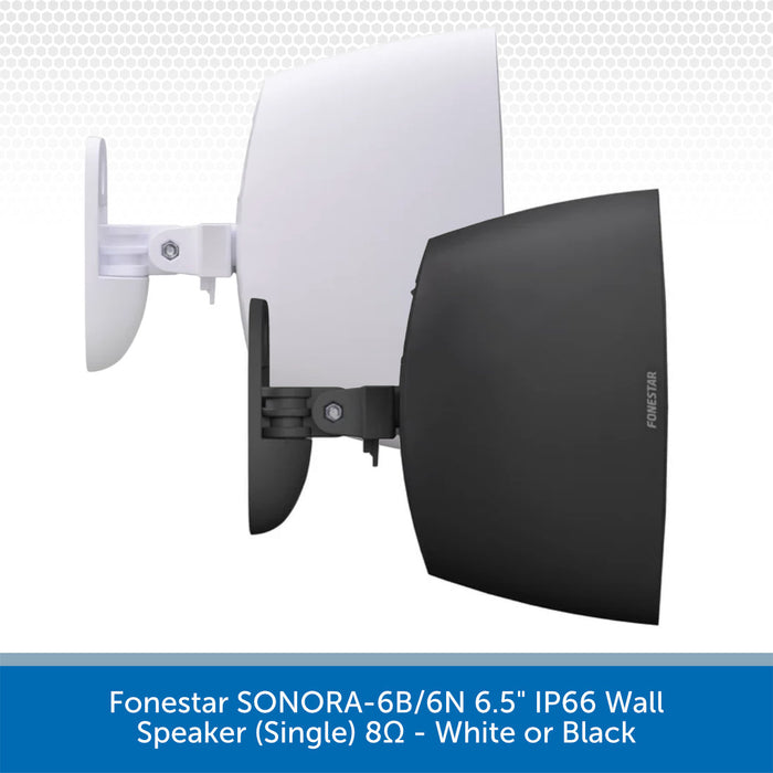 A wall-mounted speaker shown in two color options: white and black. The image features a clean studio-style presentation of the product on a white background with a subtle grid pattern, and a blue text banner at the bottom specifying the model and color options.