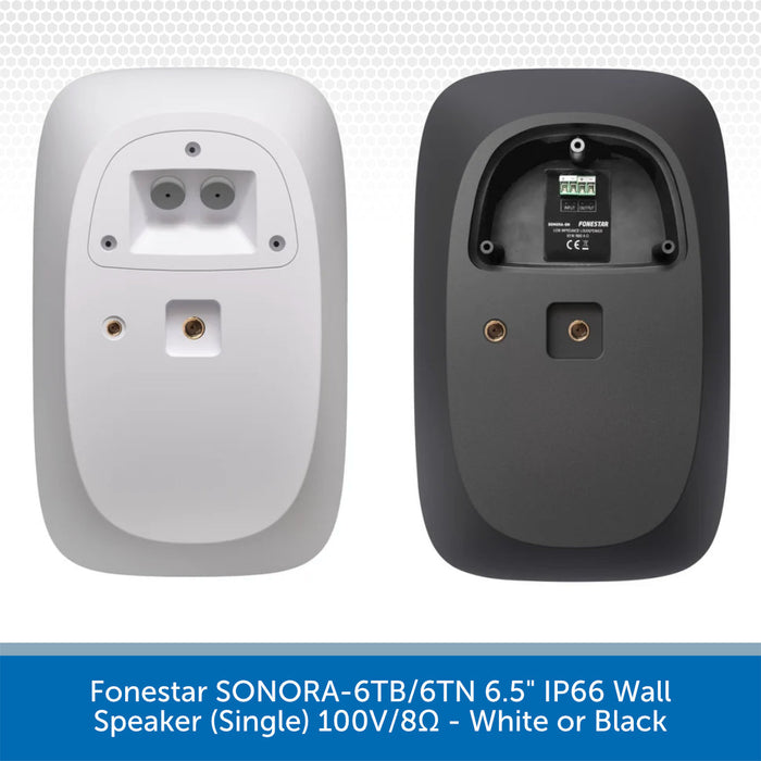 Two wall speaker back views shown side by side: one white and one dark gray/black. The image shows the rear mounting face with two speaker terminals, screws, and a central port.