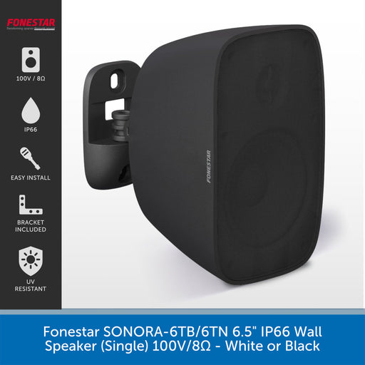 A black wall-mounted speaker by Fonestar shown on a white background with a vertical feature panel on the left and a blue text banner at the bottom. The product is matte black with a visible brand name on the front and side.