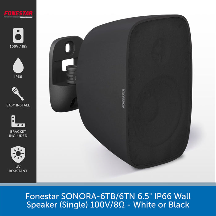 A black wall-mounted speaker by Fonestar shown on a white background with a vertical feature panel on the left and a blue text banner at the bottom. The product is matte black with a visible brand name on the front and side.
