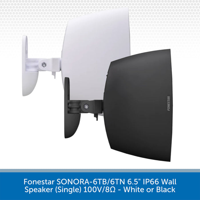 A single wall-mounted speaker shown from the side against a light gray patterned background, with a blue text banner at the bottom reading 'Forestar SONORA-6TB/6TN 6.5" IP66 Wall Speaker (Single) 100V/8Ω - White or Black.