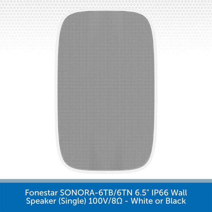 A gray rectangular wall speaker grille with rounded corners, shown on a white background with a blue text banner at the bottom that reads 'Foronestar SONORA-6TB/6TN 6.5" IP66 Wall Speaker (Single) 100V/8Ω - White or Black'.
