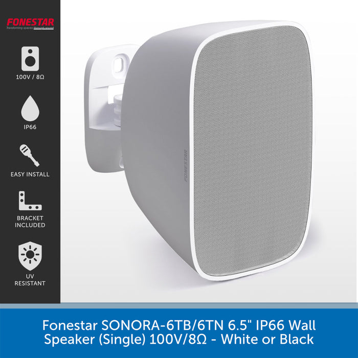 A single wall-mounted speaker shown on a clean white background with a black feature panel on the left and a blue text banner at the bottom. The product is white, with a textured front grille and a smooth outer shell.