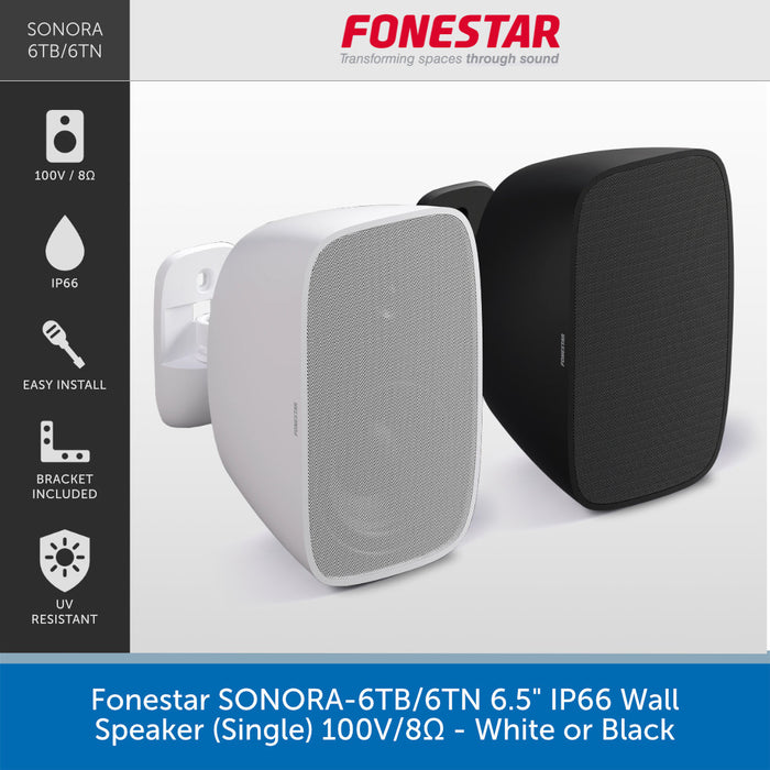 Promotional product graphic for a Sonastar Sonora 6TB/6TN 6.5" IP66 wall speaker, showing two speaker units side by side in white and black, with feature icons on the left and text banners at the top and bottom.