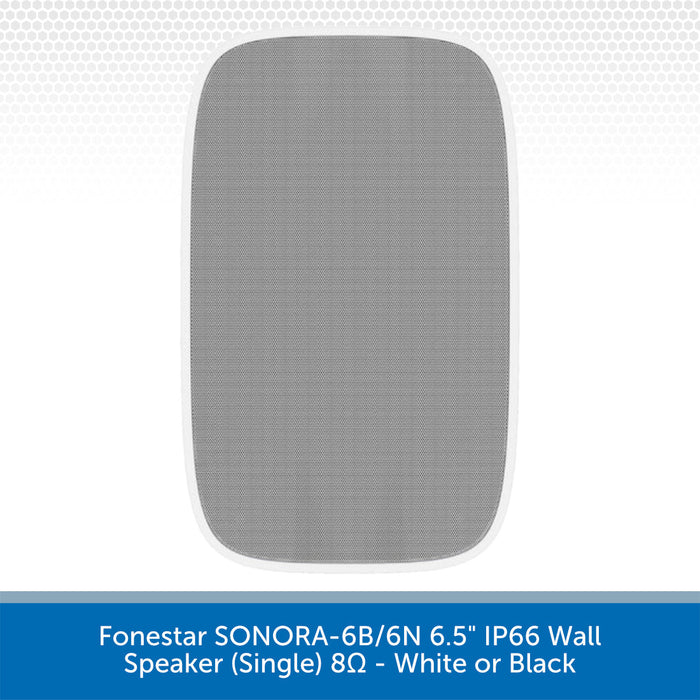 A single rectangular gray speaker grille with rounded corners, shown on a white background with a blue text banner at the bottom reading 'Foronestar SONORA-6B/6N 6.5" IP66 Wall Speaker (Single) 8Ω - White or Black'.