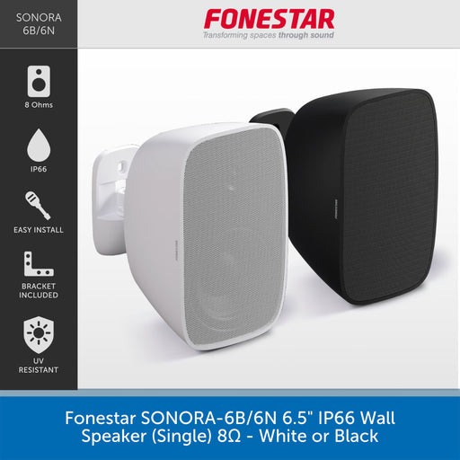 A promotional product graphic for a Sonora 6B/6N wall speaker by Fonestar, showing two speaker units side by side in white and black. The left side includes feature icons and text for 8 Ohms, IP66, easy install, bracket included, and UV resistant.