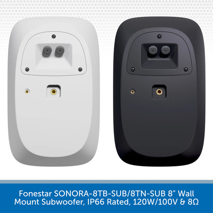 Two wall mount subwoofers shown from the back side, one in white and one in black, on a white background with a gray patterned header and a blue text banner at the bottom.