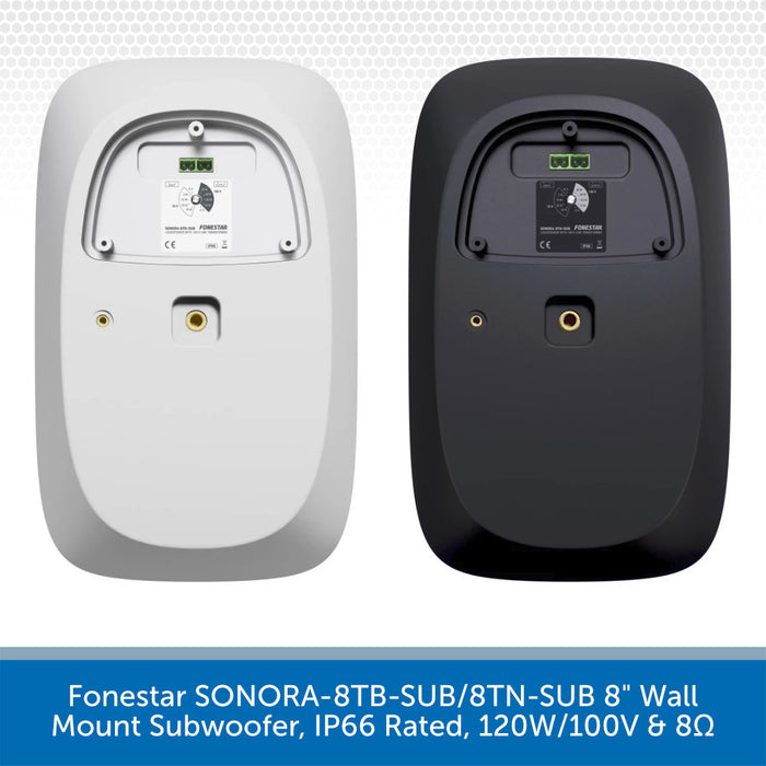 Two wall mount subwoofers shown from the back side, one in white and one in black, on a white background with a blue text banner at the bottom.