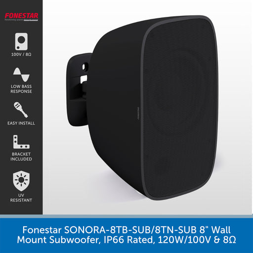 Black wall mount subwoofer by Fonestar shown at an angle on a light gray background, with a vertical product features panel on the left and a blue text banner at the bottom.