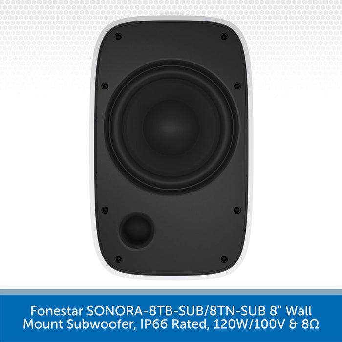 A black wall-mount subwoofer speaker shown from the front on a white background with a blue text banner at the bottom identifying the product as a Fonestar Sonora 8TB-SUB/8TN-SUB 8" wall mount subwoofer, IP66 rated, 120W/100V & 8Ω.