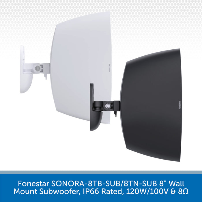 A pair of wall mount subwoofers by Fonestar, one white and one black, shown side-by-side against a white background with a blue text banner at the bottom.