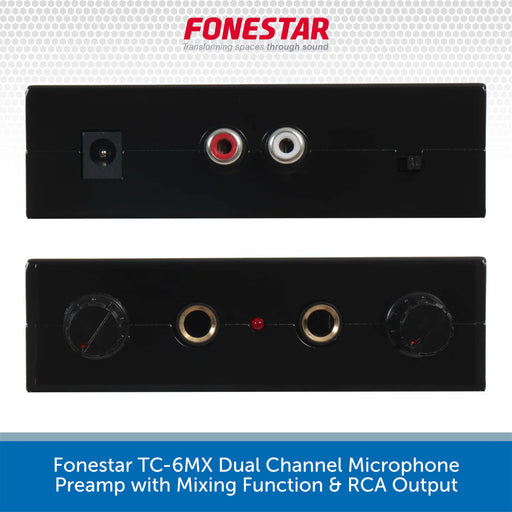 A black dual-channel microphone preamp amplifier by Fonestar, shown from the front in two stacked views on a white background with a gray patterned header and a blue text footer. The top view shows two RCA connectors and a power switch, while the bottom view shows two rotary knobs and gold-rimmed jack connectors.