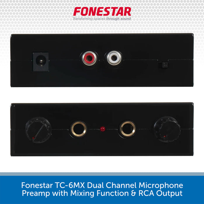 A black dual-channel microphone preamp amplifier by Fonestar, shown from the front in two stacked views on a white background with a gray patterned header and a blue text footer. The top view shows two RCA connectors and a power switch, while the bottom view shows two rotary knobs and gold-rimmed jack connectors.