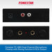 A black dual-channel microphone preamp amplifier by Fonestar, shown from the front in two stacked views on a white background with a gray patterned header and a blue text footer. The top view shows two RCA connectors and a power switch, while the bottom view shows two rotary knobs and gold-rimmed jack connectors.