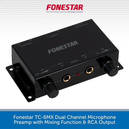 A black Fonestar TC-6MX dual channel microphone preamp with mixing function and RCA output, shown on a white background with a gray patterned header and a blue text banner at the bottom.