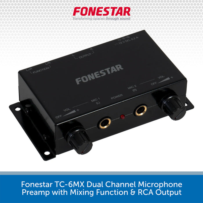 A black Fonestar TC-6MX dual channel microphone preamp with mixing function and RCA output, shown on a white background with a gray patterned header and a blue text banner at the bottom.