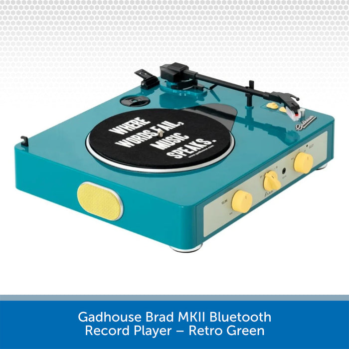 Teal record player with yellow knobs on a white background, featuring text 'Where Words Fail, Music Speaks'.