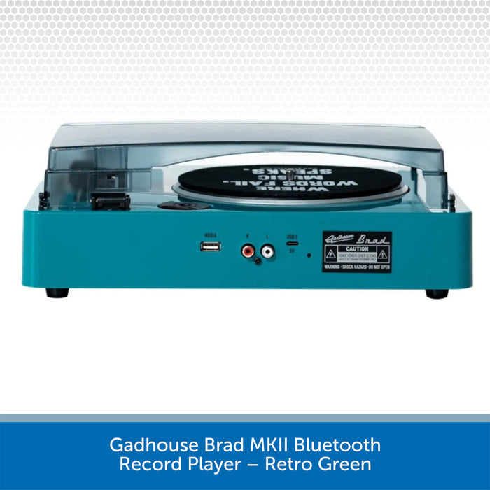 Teal record player with retro green branding on a white background