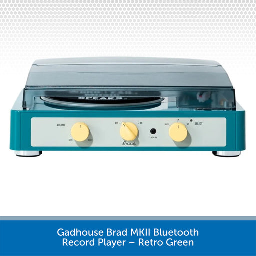 Retro green record player with blue base on a white background