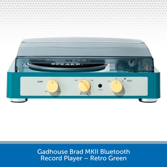 Retro green record player with blue base on a white background