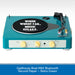 Teal record player with a black turntable mat and text, on a white background.