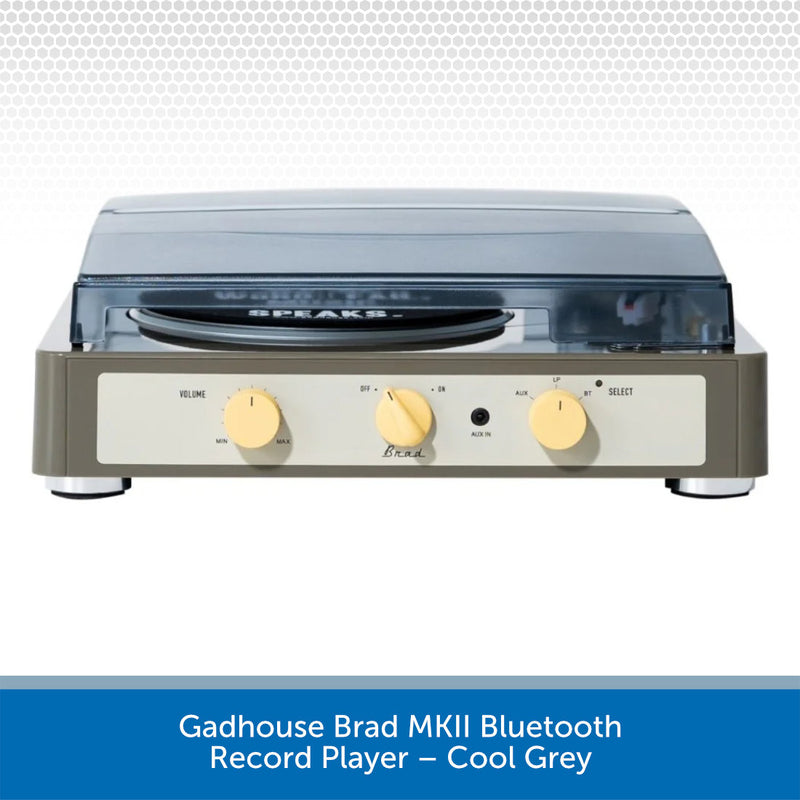 Gadhouse Brad MKII Bluetooth Record Player in Cool Grey on a white background