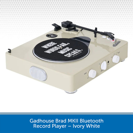 Ivory white record player with black turntable mat on a white background