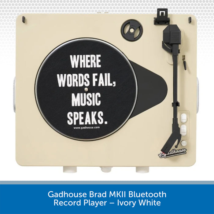 Beige record player with black turntable and 'Where Words Fail, Music Speaks' quote on a white background.