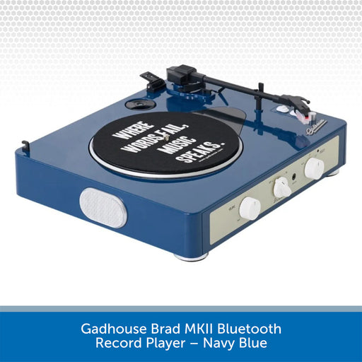 Navy blue record player with text on the turntable against a white background