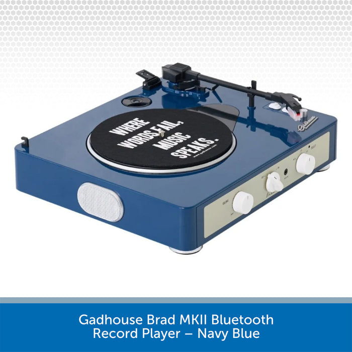 Navy blue record player with text on the turntable against a white background