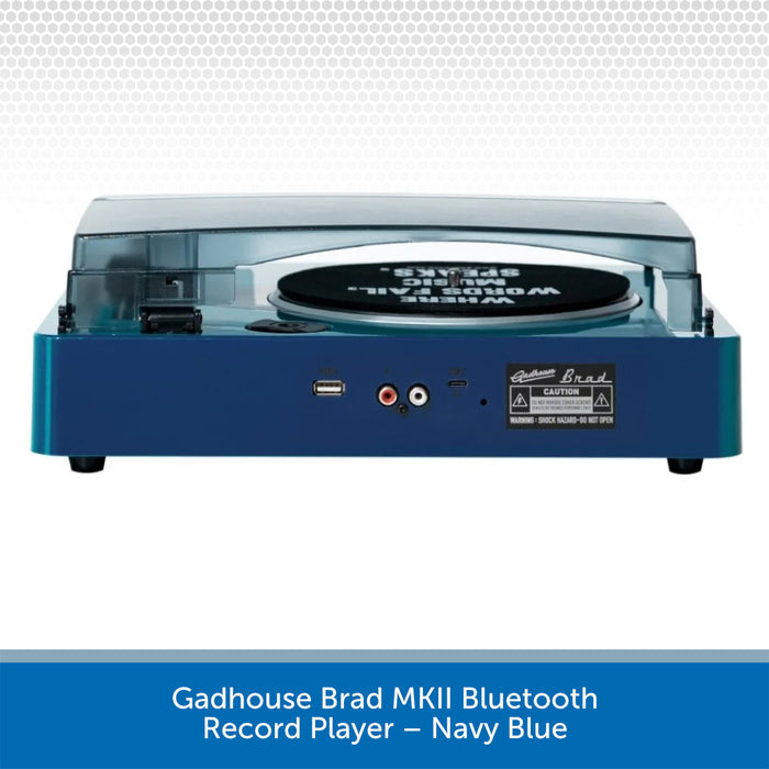 Navy blue record player with visible brand logo on a white background