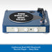 Navy blue record player with a quote on the turntable, brand 'Gadhouse Brad MKII Bluetooth' visible.