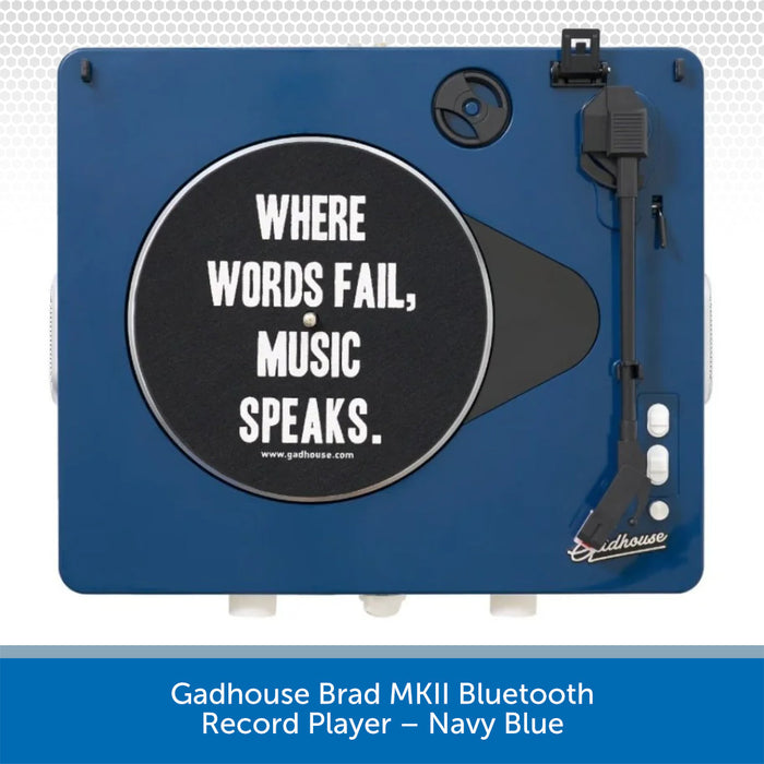 Navy blue record player with a motivational quote on a white background