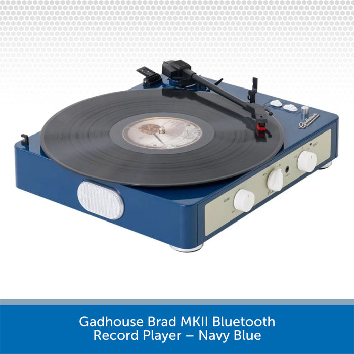 Navy blue record player with 'Gadhouse Brad MKII Bluetooth' text on a white background
