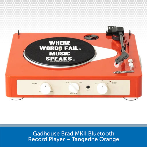 Orange record player with a black turntable mat and text, on a white background.
