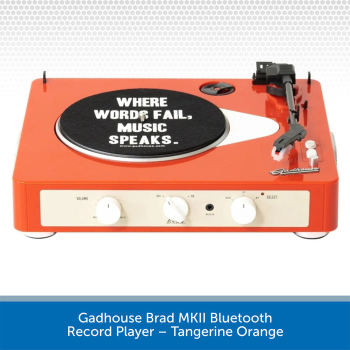Orange record player with a black turntable mat and text, on a white background.
