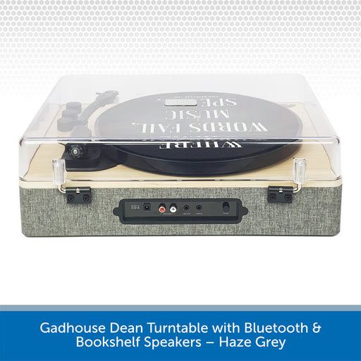 Gadhouse Dean turntable with Bluetooth and bookshelf speakers in haze grey on a white background.