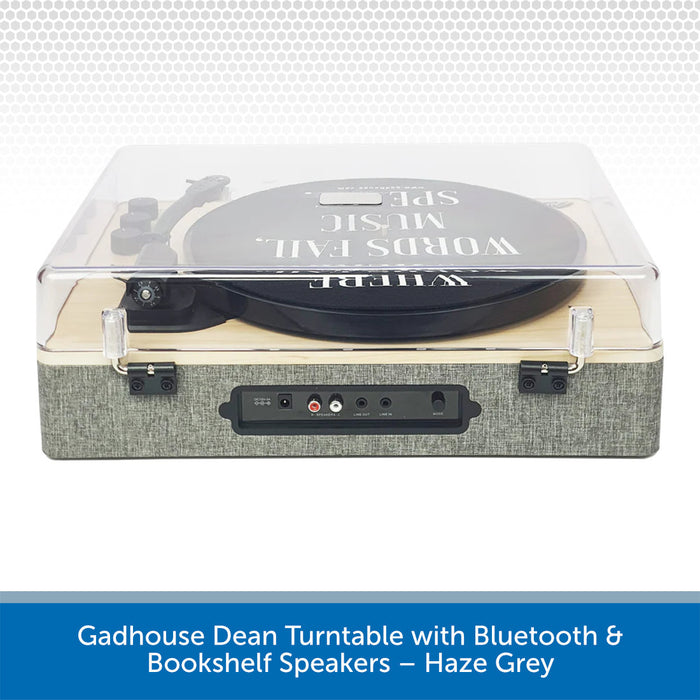 Gadhouse Dean turntable with Bluetooth and bookshelf speakers in haze grey on a white background.