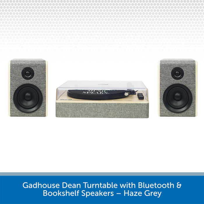Gadhouse Dean turntable with Bluetooth and bookshelf speakers in haze grey on a white background.