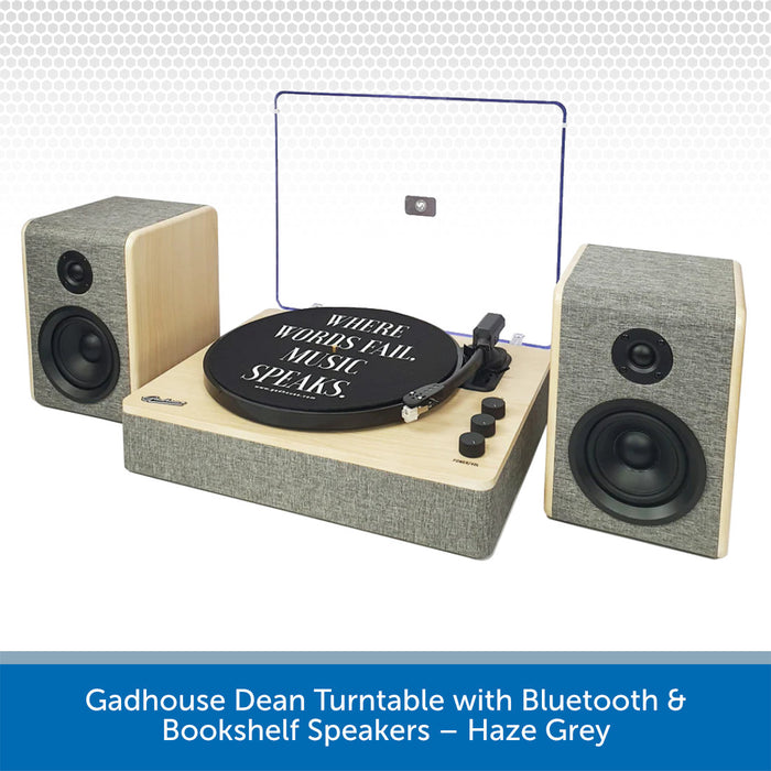 Gadhouse Dean turntable with Bluetooth and bookshelf speakers in haze grey on a white background.