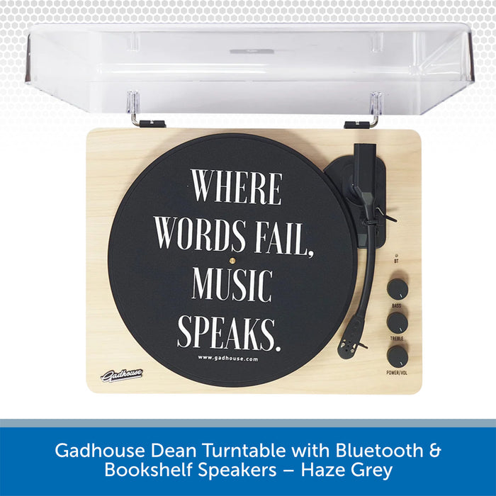Gadhouse Dean Turntable with Bluetooth & Bookshelf Speakers in Haze Grey on a white background