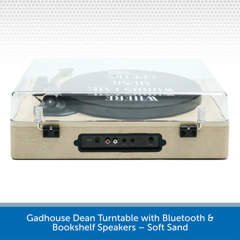 Gadhouse Dean turntable with Bluetooth and bookshelf speakers on a white background