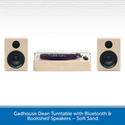 Gadhouse Dean turntable with Bluetooth and bookshelf speakers on a white background